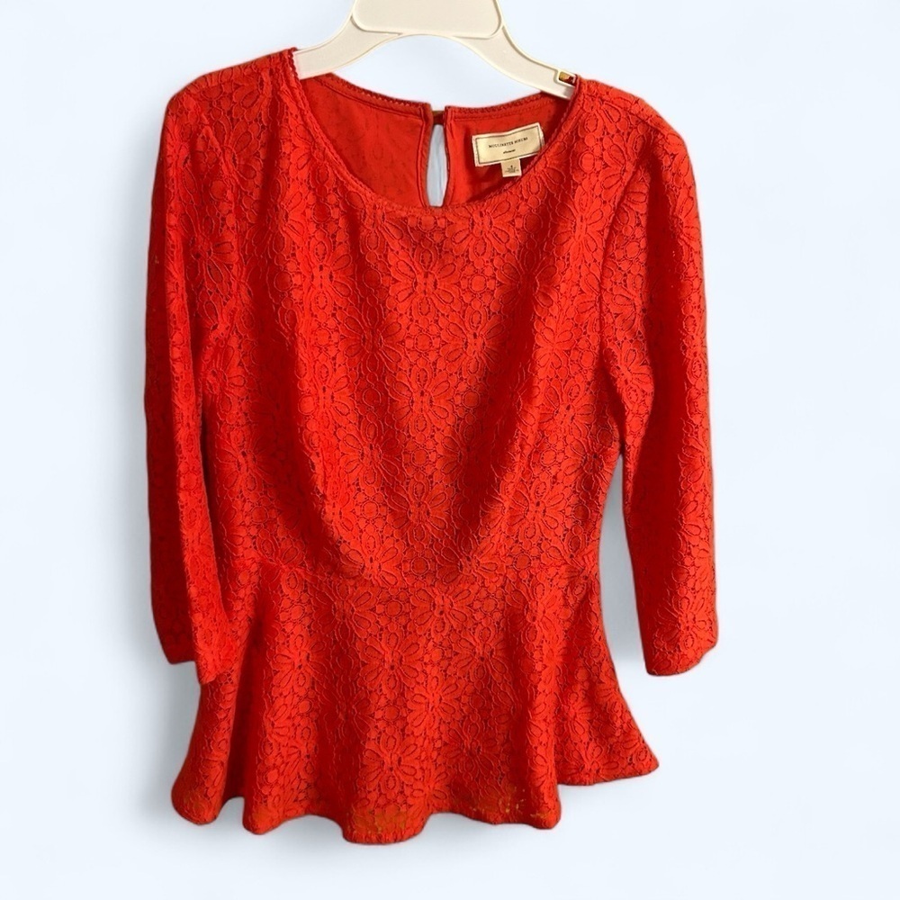 Moulinette Soeurs cotton, nylon blend lace overlay tailored blouse, orange, sz 4